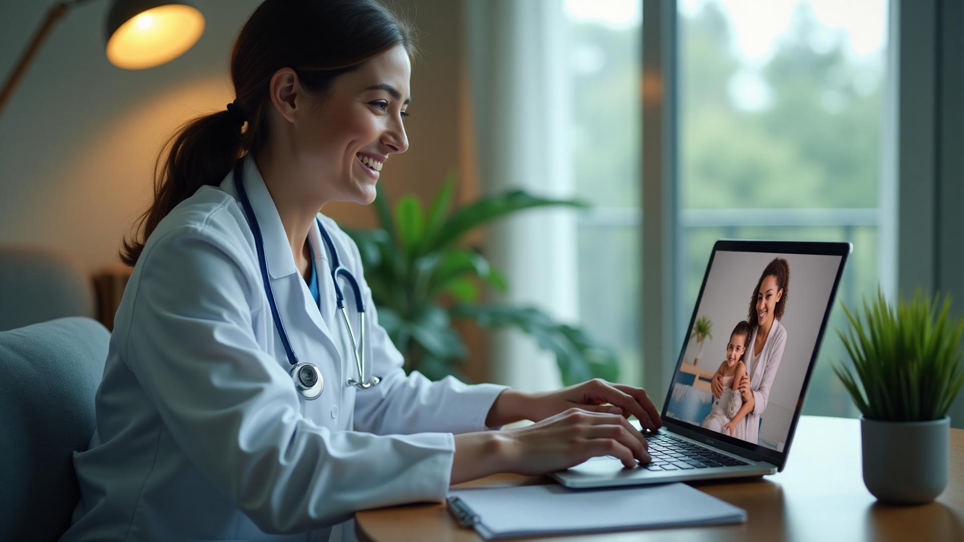 Médica realizando consulta de telemedicina em consultório