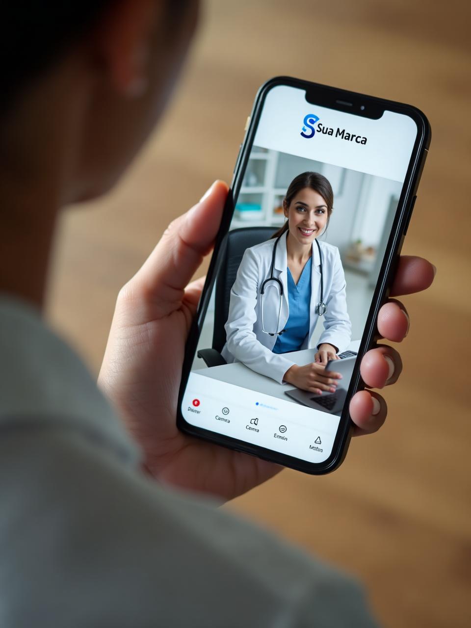 Pessoa usando aplicativo de telemedicina com sua marca